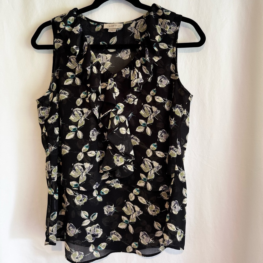 LOFT Black Floral Ruffled Blouse